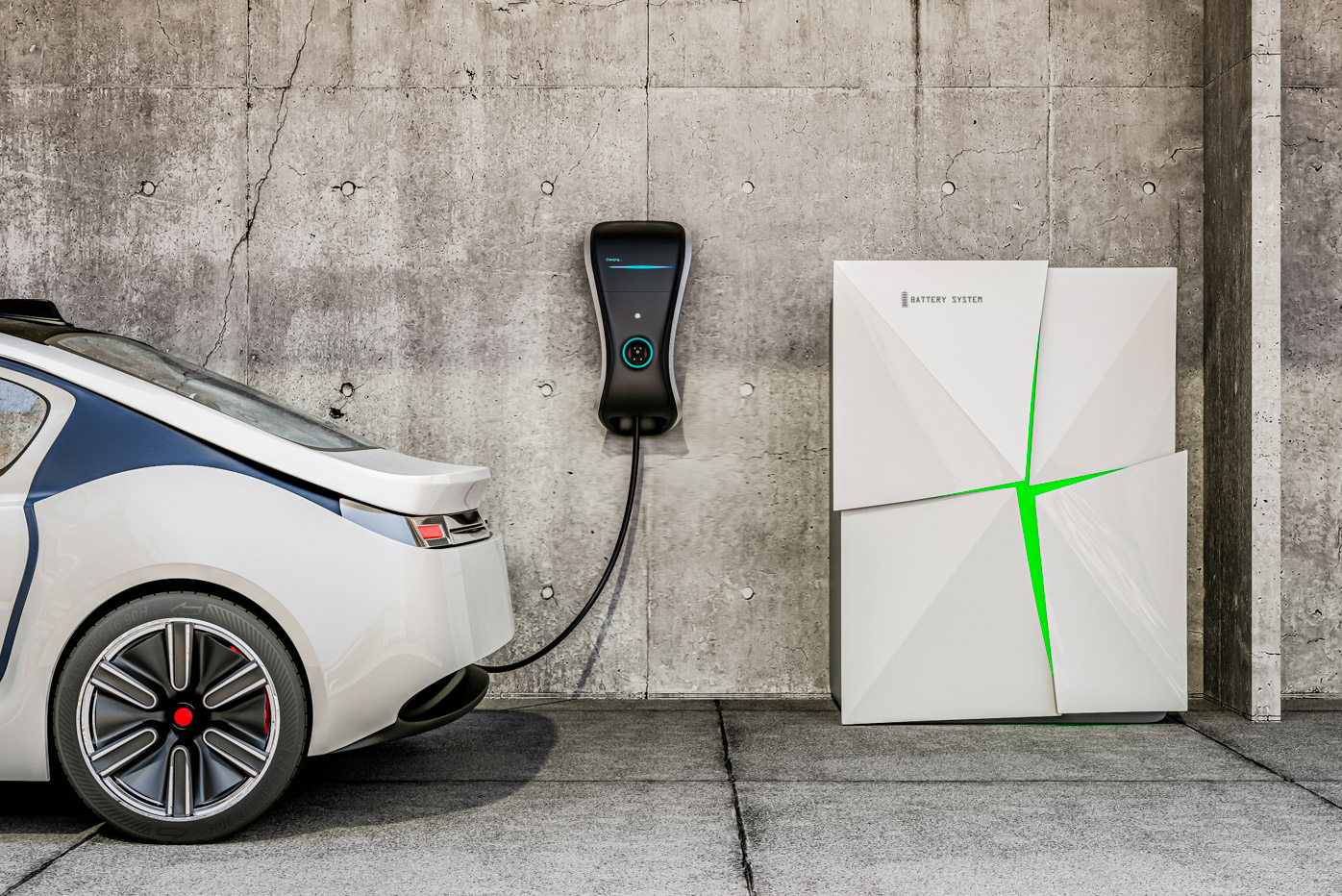 Electric vehicle charging station for home. The charge point powered by battery storage system. 3D rendering image. Original design.