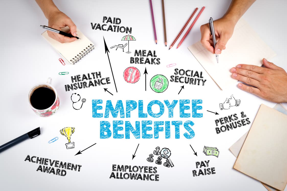 Employee Benefits Concept. The meeting at the white office table.