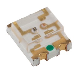 Figure 10: Surface-mount LEDs are compact and low-profile. Shown is the Bivar SM0605BC-R/B, a red/blue bicolor LED that measures just 1.6 mm x 1.5 mm x 0.6 mm.