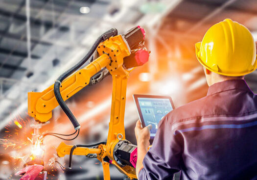 Engineer using tablet check and control automation robot arms machine in intelligent factory industrial on monitoring system software. Welding robotics and digital manufacturing operation.